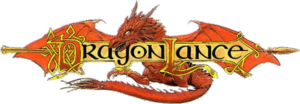 Dragonlance logo. Stylized text in front of a red dragon with his wings spread wide.